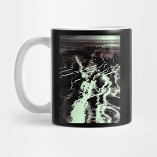 Digital collage, special processing. Person holding his hand, field, energy waves. Beautiful. Light green and red. Mug